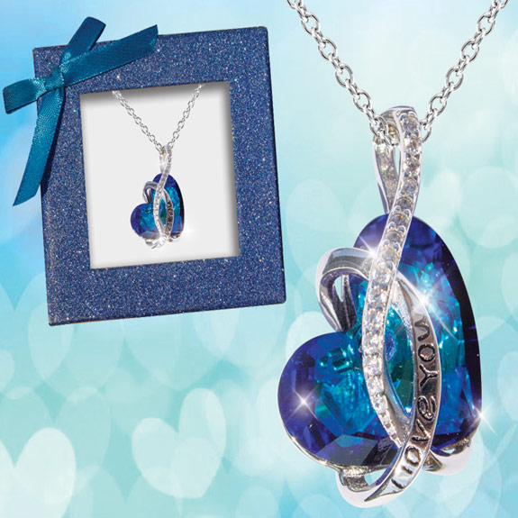 I love you Crystal Heart Necklace Blue Glitter Box